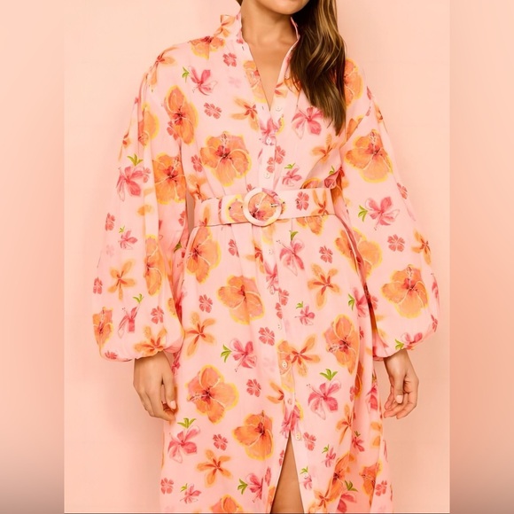 NWT Floral Belted Maxi Shirt Dress with Puff Sleeves – Size S-2XL - Picture 3 of 7